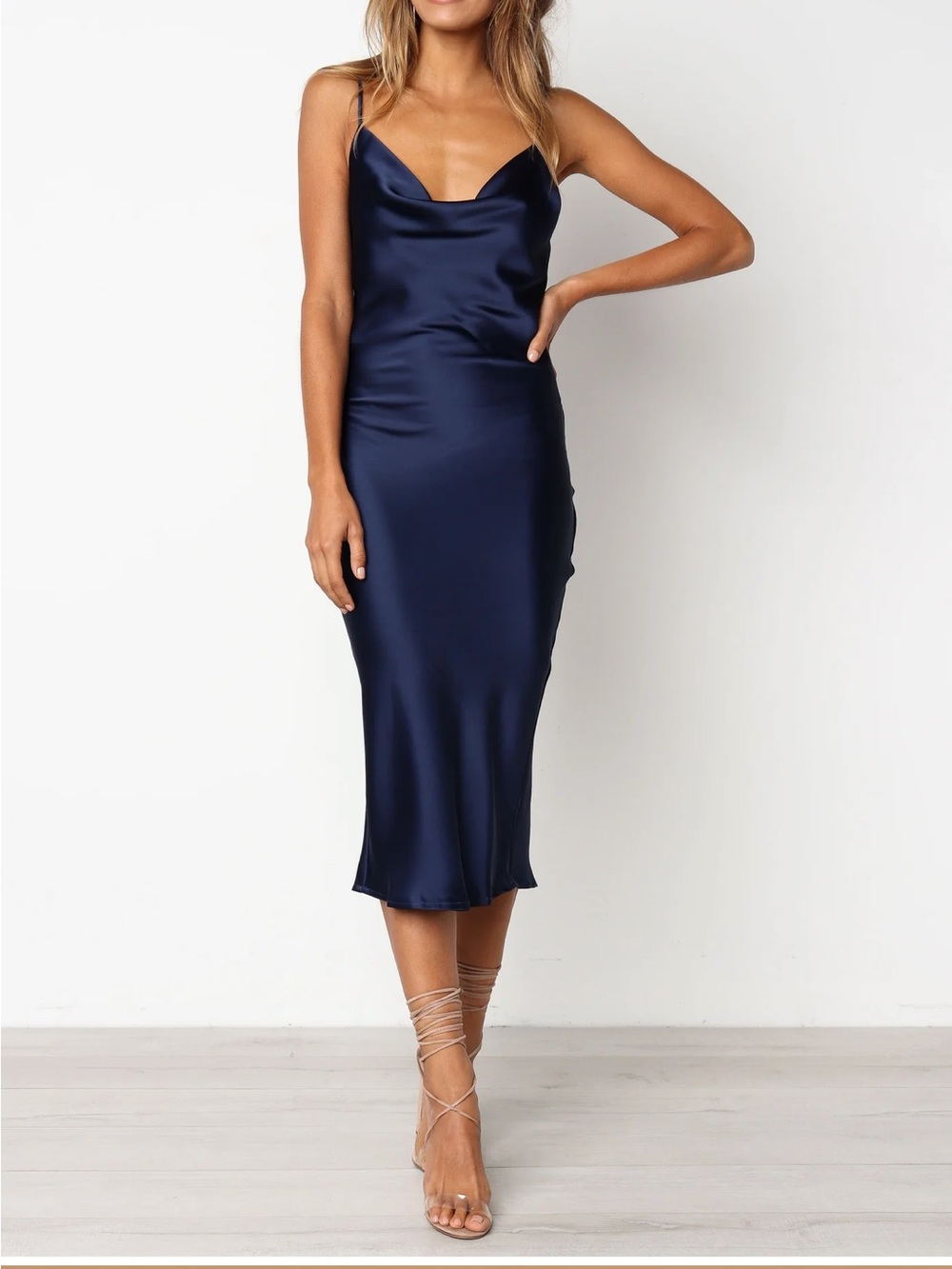 Satin Cowl Neck Slip Dress - Navy